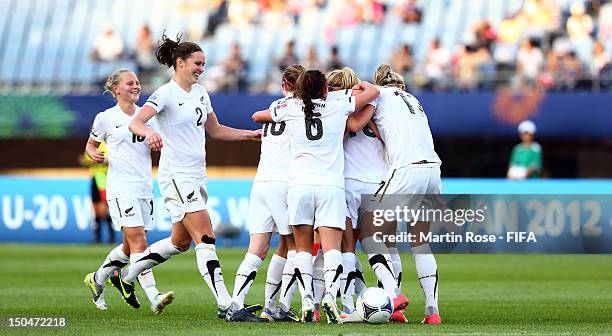 The team of New Zealand celebrate their 2nd goal during the FIFA U-20 Women's World Cup 2012 group A match between New Zealand and Switzerland at...