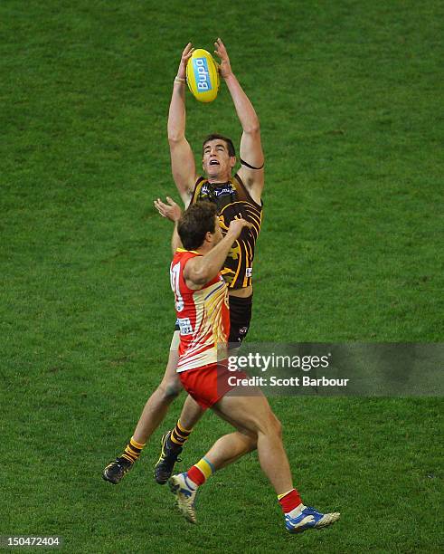 Ben Stratton of the Hawks attempts to take a mark during the round 21 AFL match between the Hawthorn Hawks and the Gold Coast Suns at the Melbourne...