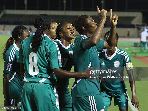 Desire Oparanozie of Nigeria celebrates scoring a goal during the FIFA U-20 Women's World Cup Japan 2012, Group B match between Nigeria v Korean...