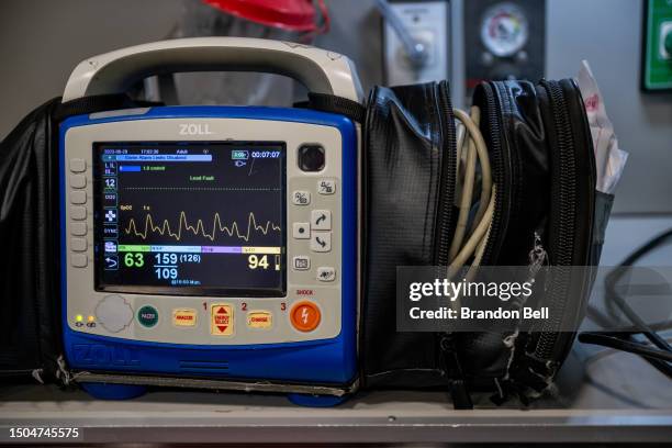 Cardiac monitor displays a patient's vitals on June 29, 2023 in Eagle Pass, Texas. The patient called in reporting chest pain after working outside...