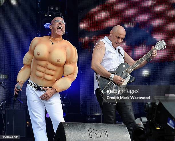 Richard Fairbrass and Fred Fairbrass of Right Said Fred perform on stage during 80's Rewind Festival on August 18, 2012 in Henley-on-Thames, United...