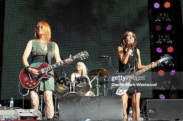 Vicki Peterson, Debbi Peterson and Susanna Hoffs of The Bangles perform on stage during 80's Rewind Festival on August 18, 2012 in Henley-on-Thames,...
