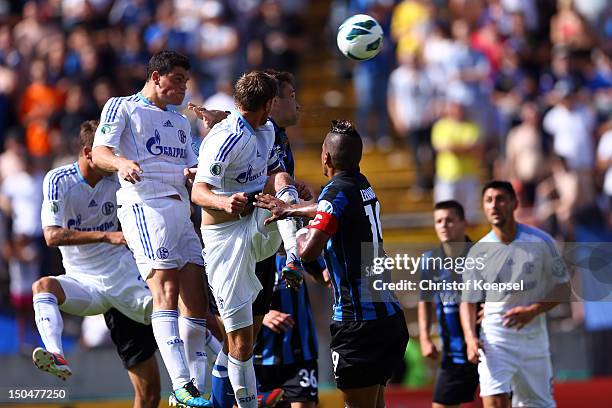 Kyriakos Papadopoulos of Schalke scores the first goal during the first round DFB Cup match between 1. FC Saarbruecken and FC Schalke 04 at...