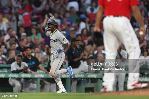 Jazz Chisholm of the Miami Marlins celebrates after hitting a solo home run during the ninth inning against the Boston Red Sox at Fenway Park on June...
