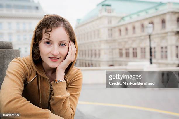 smiling woman at albertina, vienna - weense staatsopera stockfoto's en -beelden