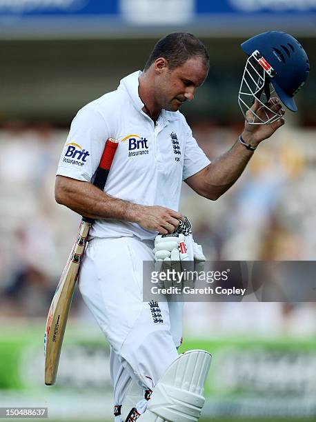 England captain Andrew Strauss leaves the field after being trapped LBW by Vernon Philander of South Africa during day four of 3rd Investec Test...