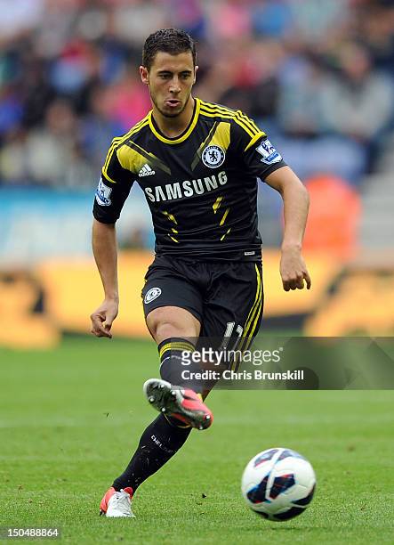 Eden Hazard of Chelsea in action during the Barclays Premier League match between Wigan Athletic and Chelsea at DW Stadium on August 19, 2012 in...