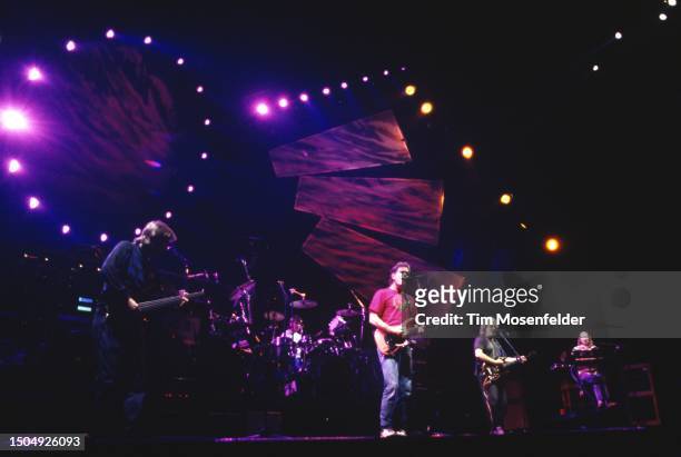 Phil Lesh, Bob Weir, Jerry Garcia, and Vince Welnick of the Grateful Dead perform at Oakland Coliseum Arena on February 23, 1993 in Oakland,...