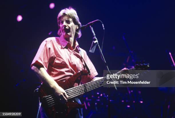 Phil Lesh of the Grateful Dead performs at Oakland Coliseum Arena on February 23, 1993 in Oakland, California.