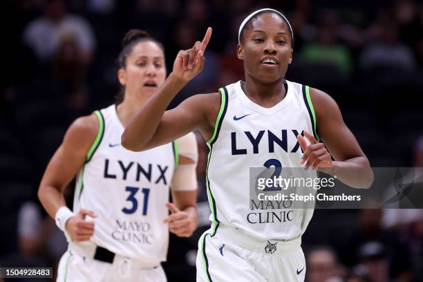 Lindsay Allen of the Minnesota Lynx reacts after a basket against the Seattle Storm during the first quarter at Climate Pledge Arena on June 29, 2023...