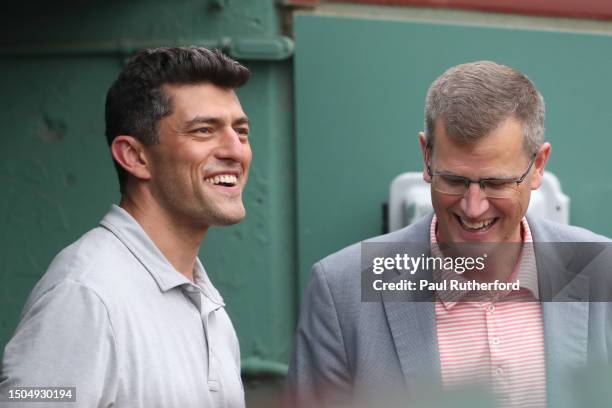 Chaim Bloom and Sam Kennedy talk before the Boston Red Sox play the Miami Marlins at Fenway Park on June 29, 2023 in Boston, Massachusetts.