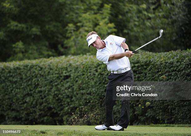 Willie Wood tees off on the 16th hole during the final round of the Dick’s Sporting Goods Open at En-Joie Golf Course on August 19, 2012 in Endicott,...