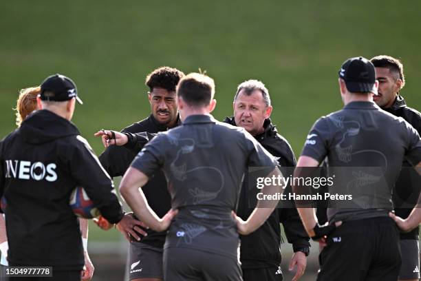 Head coach Ian Foster runs through drills during a New Zealand All Blacks training session at Mt Smart Stadium on June 30, 2023 in Auckland, New...