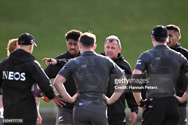Head coach Ian Foster runs through drills during a New Zealand All Blacks training session at Mt Smart Stadium on June 30, 2023 in Auckland, New...