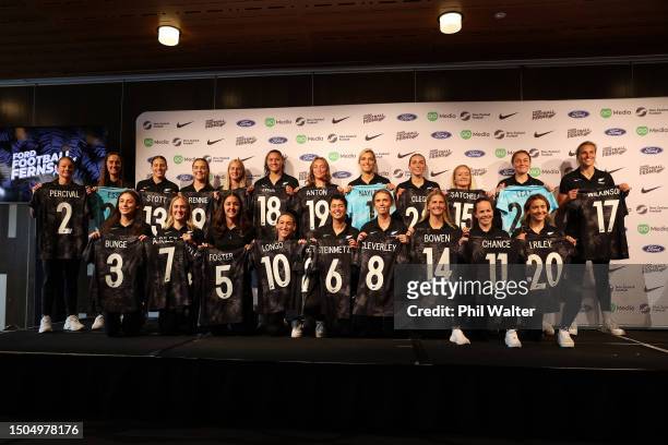 The Football Ferns pose for a group photo during the New Zealand Football Ferns FIFA Women's World Cup Squad Announcement at Eden Park on June 30,...