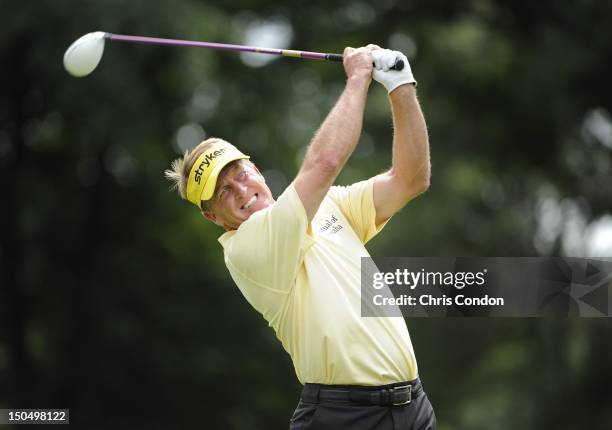 Fred Funk tees off on the second hole during the final round of the Dick’s Sporting Goods Open at En-Joie Golf Course on August 19, 2012 in Endicott,...