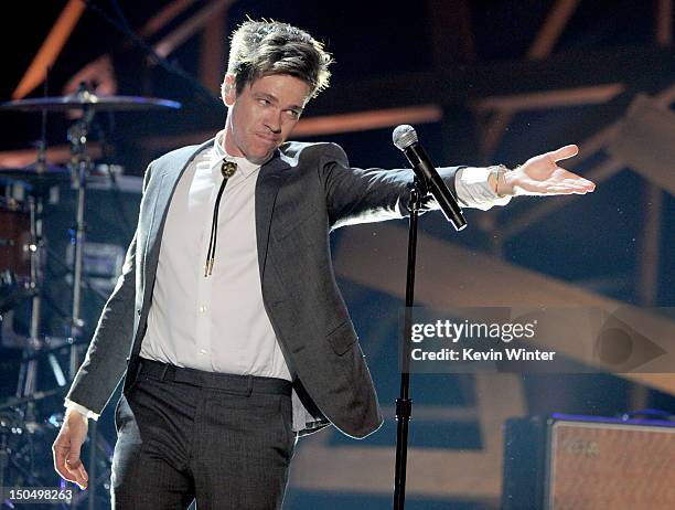 Musician Nate Reuss of the band Fun performs onstage during the 2012 Do Something Awards at Barker Hangar on August 19, 2012 in Santa Monica,...