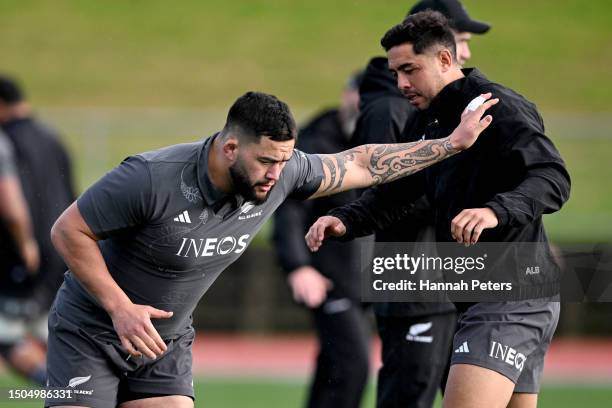 Tyrel Lomax runs through drills during a New Zealand All Blacks training session at Mt Smart Stadium on June 30, 2023 in Auckland, New Zealand.