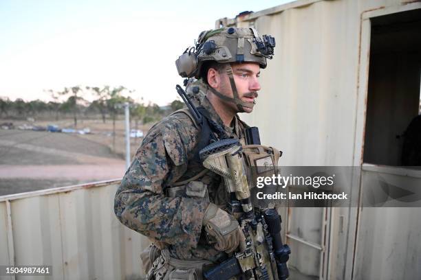 Marine from MRF-D are seen during an urban assault on June 30, 2023 in Townsville, Australia. The exercise was held as part of a broader set of group...
