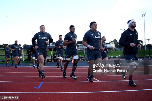 The All Blacks forward run through drills during a New Zealand All Blacks training session at Mt Smart Stadium on June 30, 2023 in Auckland, New...