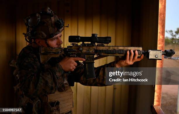 Marine from MRF-D is seen during an urban assault on June 30, 2023 in Townsville, Australia. The exercise was held as part of a broader set of group...