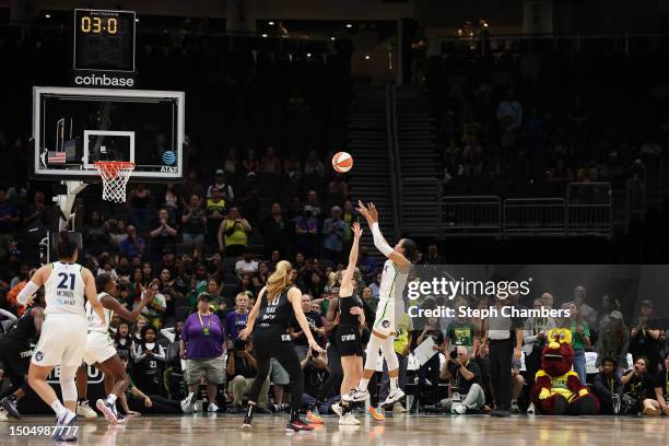 Napheesa Collier of the Minnesota Lynx scores the winning basket in overtime to beat the Seattle Storm 99-97 at Climate Pledge Arena on June 29, 2023...