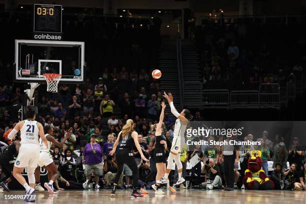 Napheesa Collier of the Minnesota Lynx scores the winning basket in overtime to beat the Seattle Storm 99-97 at Climate Pledge Arena on June 29, 2023...