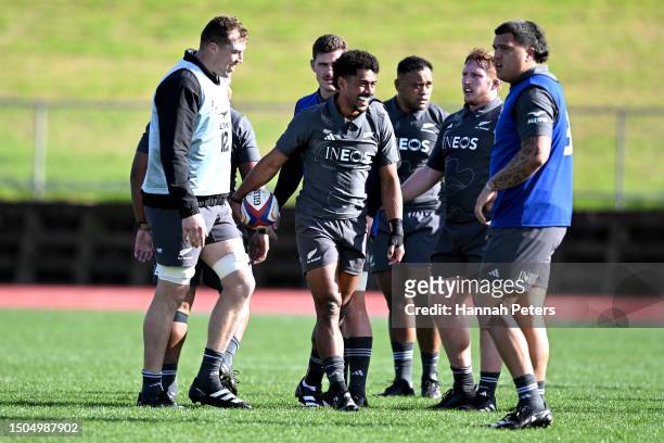Emoni Narawa of the All Blacks runs through drills during a New Zealand All Blacks training session at Mt Smart Stadium on June 30, 2023 in Auckland,...