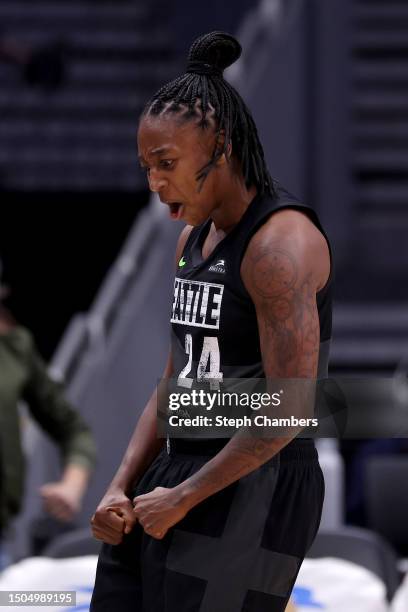 Jewell Loyd of the Seattle Storm reacts after her three point basket against the Minnesota Lynx during the third quarter at Climate Pledge Arena on...
