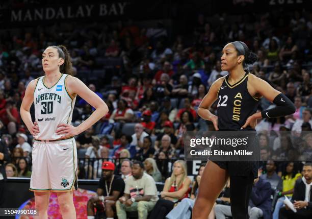 Breanna Stewart of the New York Liberty and A'ja Wilson of the Las Vegas Aces wait for a Liberty player to shoot a free throw in the third quarter of...