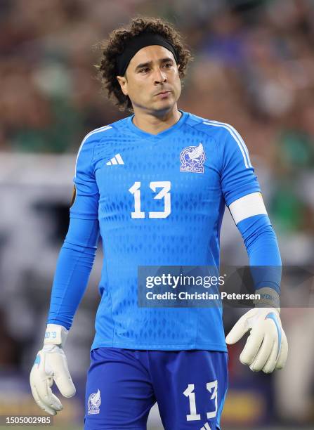 Goalkeeper Guillermo Ochoa of Mexico looks on during the second half of the Concacaf Gold Cup Group B match against the Haiti at State Farm Stadium...