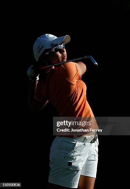 Mika Miyazato of Japan watches her tee shot on the 16th hole during the final round of the Safeway Classic at Pumpkin Ridge Golf Club on August 19,...