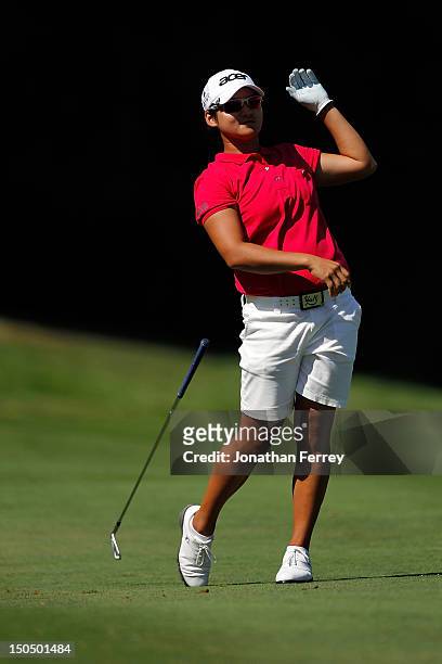 Yani Tseng of Tawain reacts to her second shot on the 7th hole during the final round of the Safeway Classic at Pumpkin Ridge Golf Club on August 19,...