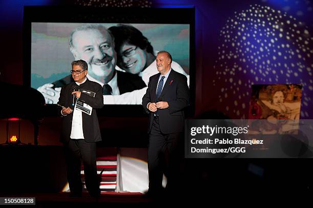 Deepack Chopra and Vicenter del Bosque stand on stage during the Global Gift Gala held to raise benefits for Cesare Scariolo Foundation and Eva...