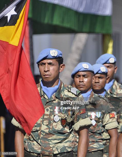 Members of the East Timorese armed forces FDTL deployed for UN Peacekeeping mission in Lebanon, parade during a ceremony marking the 37th anniversary...