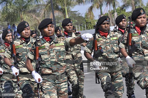 Soldiers of East Timorese armed forces parade during a ceremony marking the 37th anniversary of FALINTIL, Armed Forces for the National Liberation of...