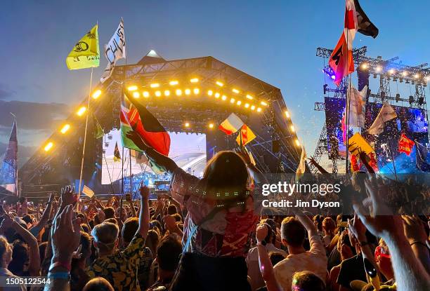 General view as Sir Elton John performs on the Pyramid stage during day 5 of Glastonbury Festival 2023 Worthy Farm, Pilton on June 25, 2023 in...