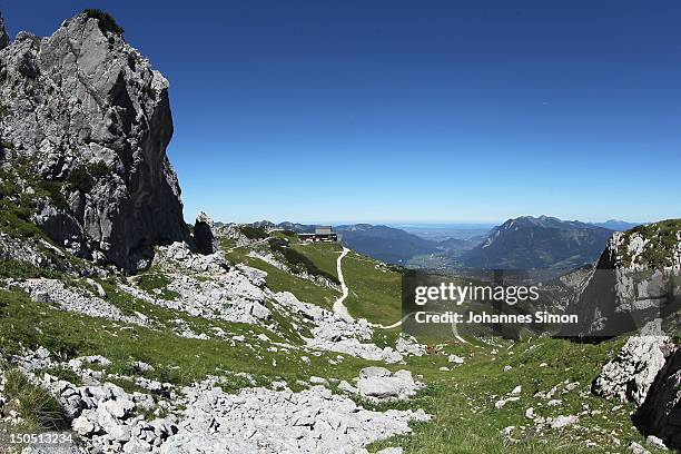 General panoramic view of the Wetterstein mountains seen from the base of the Alpspitz peak on August 19, 2012 near Garmisch-Partenkirchen, Germany....