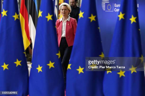 Ursula von der Leyen President of European Commision arrives at the European Council Summit on June 29, 2023 in Brussels, Belgium. European Union...