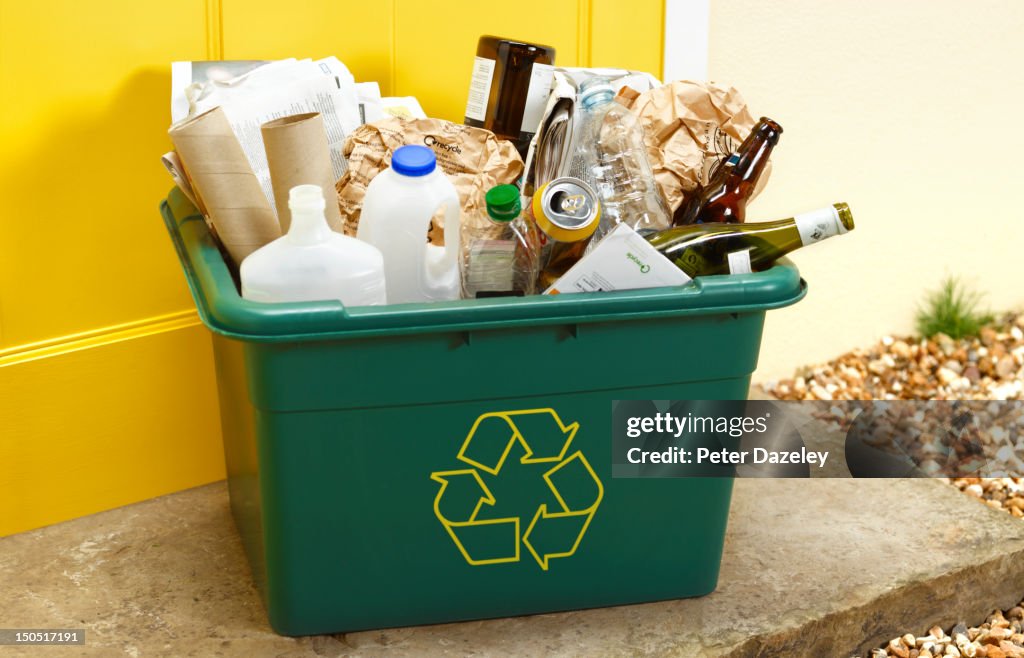 Rubbish for recycling on a doorstep for collection