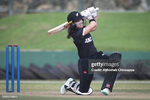 Amelia Kerr of New Zealand plays a shot during the second One Day International match between Sri Lanka and New Zealand White Ferns at the Galle...