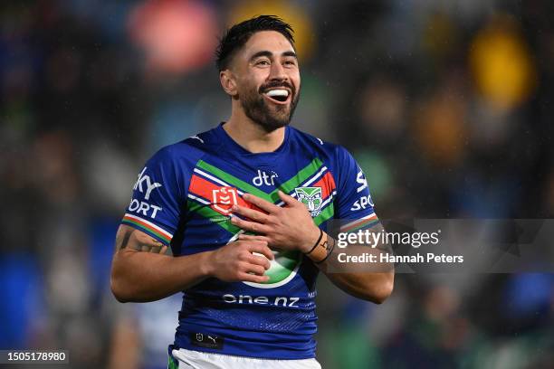 Shaun Johnson of the Warriors reacts during the round 18 NRL match between New Zealand Warriors and South Sydney Rabbitohs at Mt Smart Stadium on...