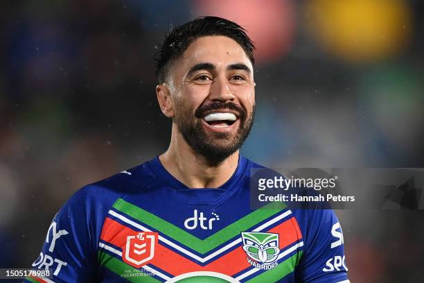 Shaun Johnson of the Warriors reacts during the round 18 NRL match between New Zealand Warriors and South Sydney Rabbitohs at Mt Smart Stadium on...
