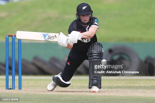 Bernadine Bezuidenhout of New Zealand plays a shot during the second One Day International match between Sri Lanka and New Zealand White Ferns at the...