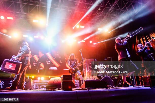 José Miguel Redin aka Joxemi, Alberto Iriondo aka Txikitin and Roberto Gañan Ojea aka Pulpul of Ska-P band performs live on June 29, 2023 in...