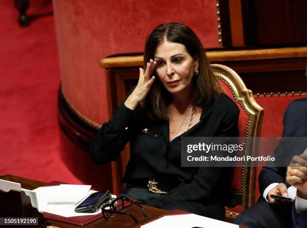 The Minister of Tourism of the Italian Republic Daniela Santanchè in the Senate chamber during the discussions on the Communications of the President...