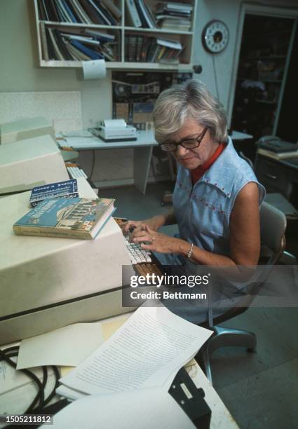 Veteran political reporter Barbara Frye, manager of United Press International's Tallahassee news bureau, pictured at her desk, Florida, 1976.