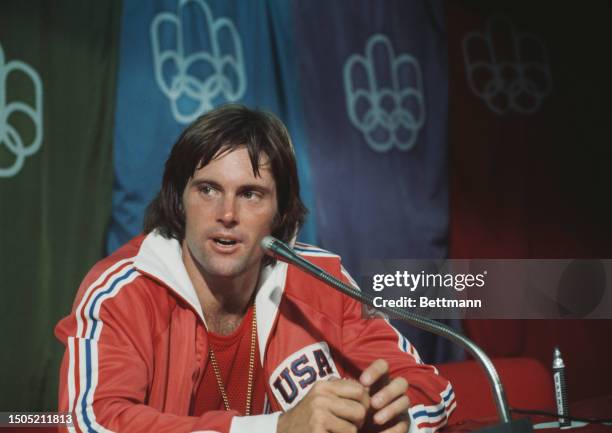 American athlete Bruce Jenner speaks to members of the press after winning Olympic gold and setting a world record for the decathlon, Montreal,...