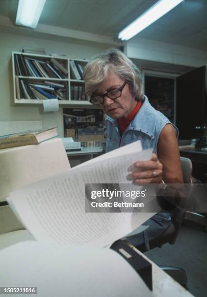 Veteran political reporter Barbara Frye, manager of United Press International's Tallahassee news bureau, pictured at her desk, Florida, 1976.