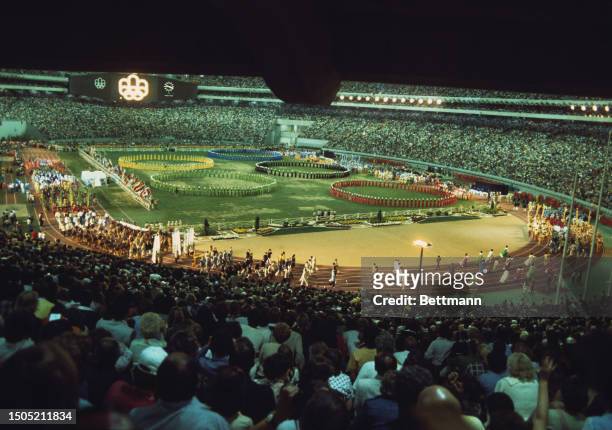 General view of the Summer Olympics closing ceremony at the Olympic Stadium in Montreal, Canada, August 2nd 1976. Athletic delegations march into the...